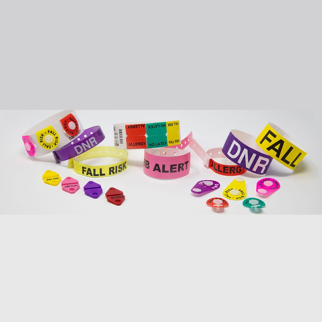 Wide range of alert bands including ( Allergy - Fall Risk - Limb alert - Latex allergy - DNR ) .